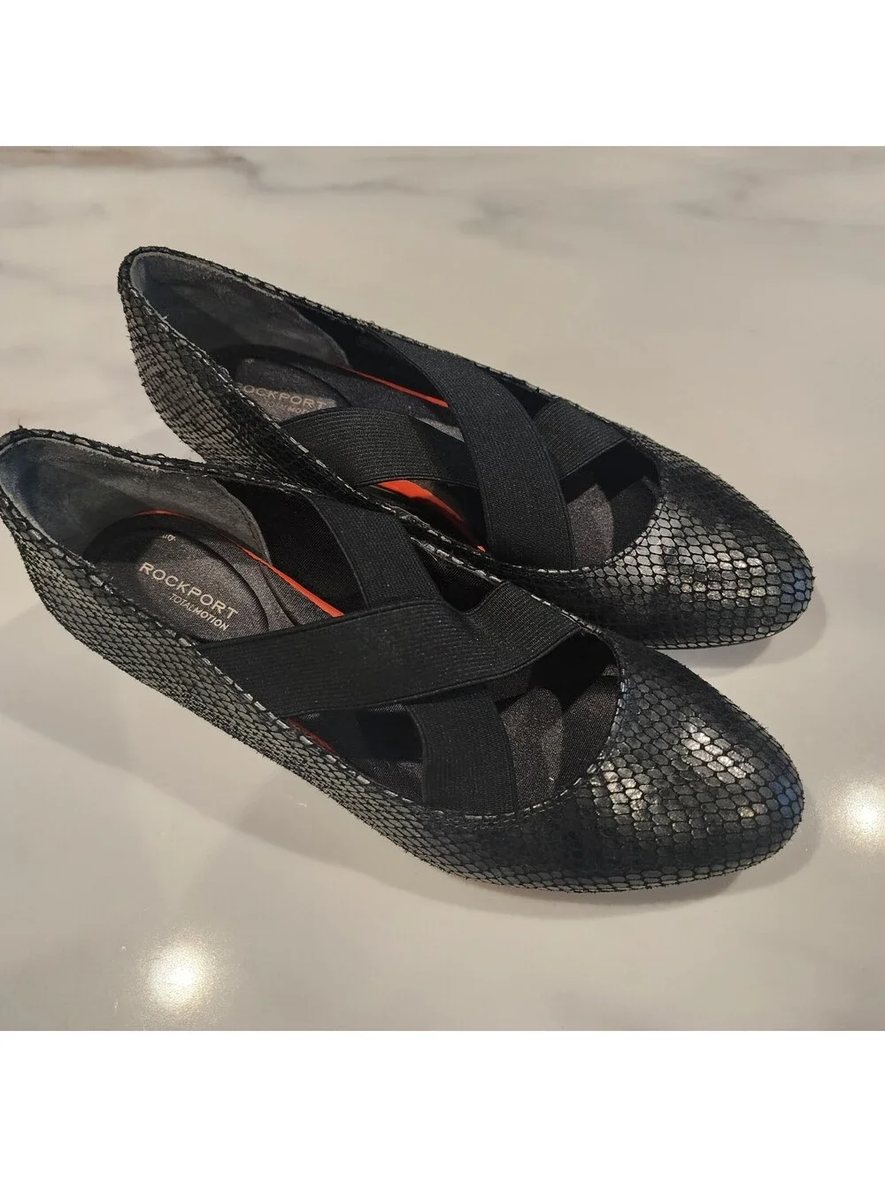 Rockport Total Motion Etenia mary jane flats textured black snakeskin straps 7